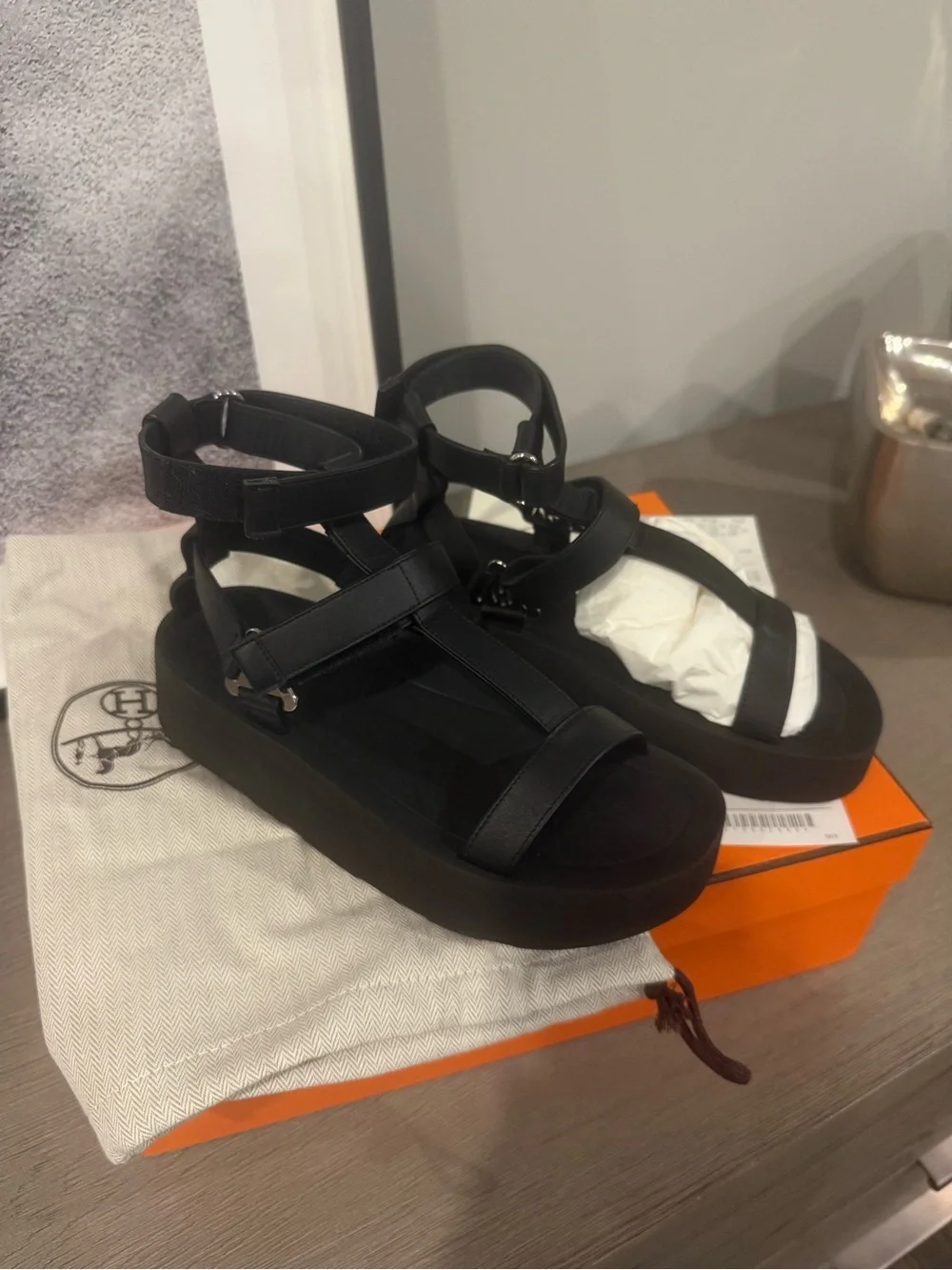 Hermes Enid Black Platform Strappy Ankle-Wrap Sandals